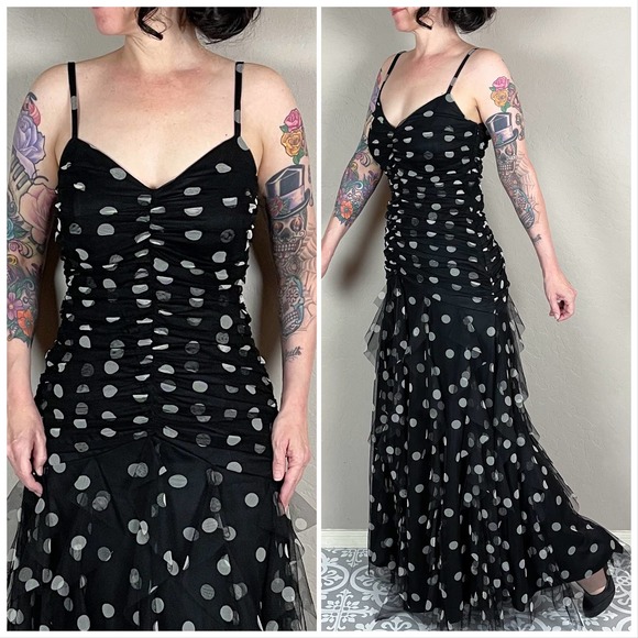 Vintage 1980s Black and White Polka Dot Tulle Ruffled Mermaid Maxi Dress - Picture 4 of 9